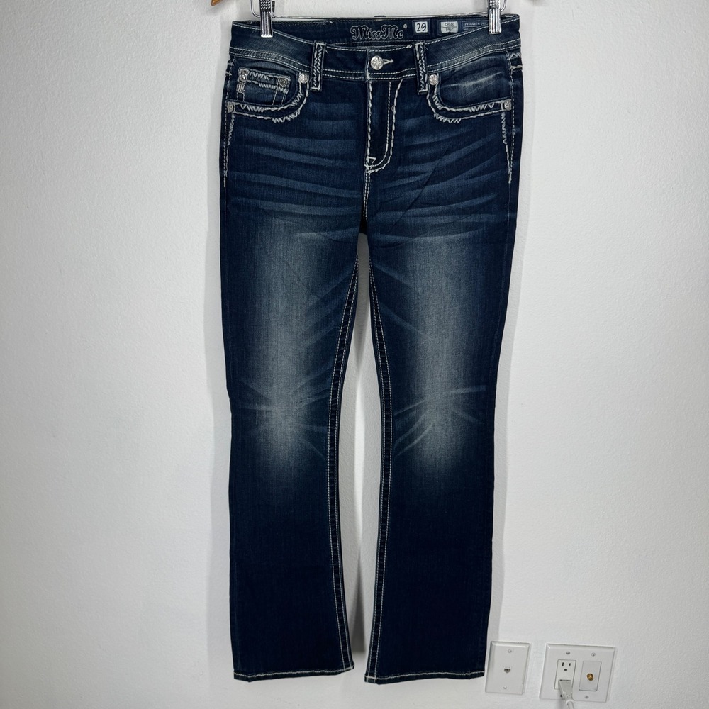 Miss Me Chloe Bootcut Jeans 29 Dark Wash Thick Stitch Embellished Rhinestones - Picture 2 of 9